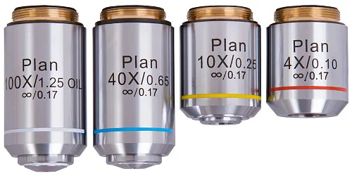 image Levenhuk 1000 Plan Objectives Set, 4x, 10x, 40xs, 100xs (oil)