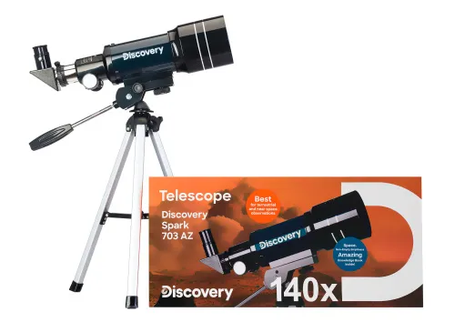 photograph Levenhuk Discovery Spark 703 AZ Telescope with book,  2